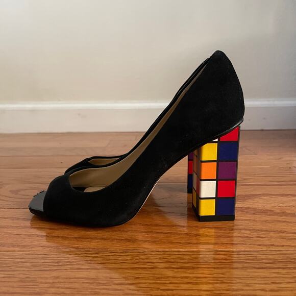Katy Perry The Caitlin Rubik’s Cube Heels Womens 6 Black Multicolor Suede Block - Picture 2 of 11